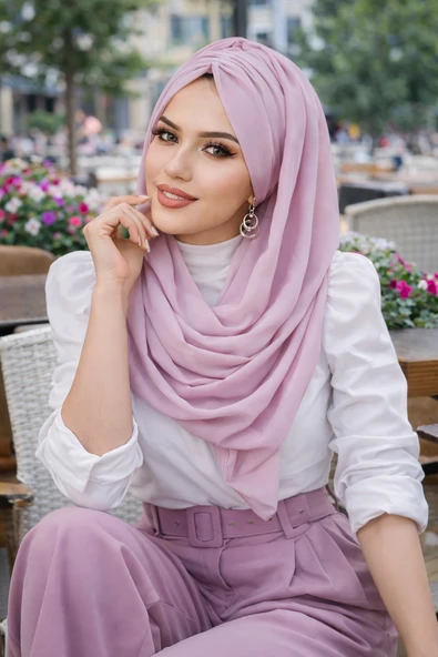 Aişe Tesettür Pudra Pembe Büzgülü Hazır Şal ürün görseli 1