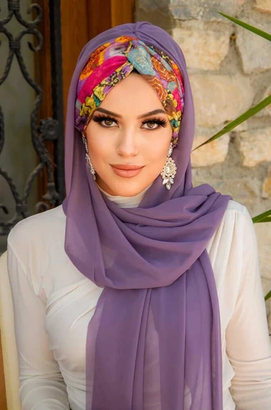 Aişe Tesettür Lila Retro Desen Burgu Hazır Şal ürün görseli 1