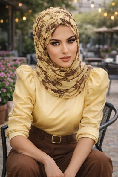 Aişe Tesettür Uçuk Sarı Kahve Çiçek Desen Hazır Şal ürün görseli 1