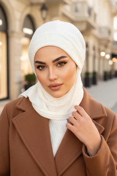 Aişe Tesettür Beyaz Fitilli Tesettür Bere ürün görseli 1
