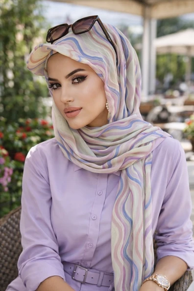 Aişe Tesettür Soft Renkler Geometrik Desen Kepli Bandana Şapka Şal ürün görseli 1