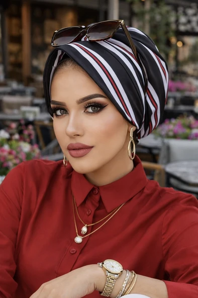 Aişe Tesettür Siyah Kırmızı Çizgili Şapka Bone ürün görseli 1
