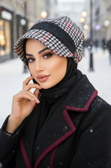 Aişe Tesettür Siyah Kırmızı Kazayağı Desen Tesettür Şapka ürün görseli 1