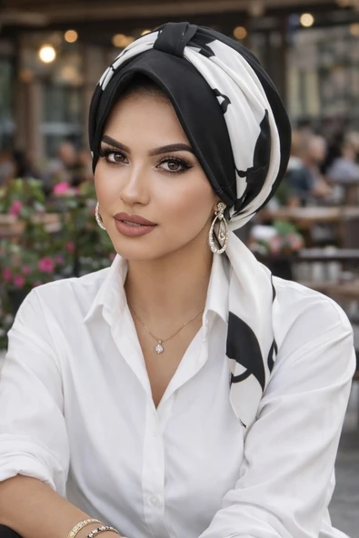 Aişe Tesettür Siyah Beyaz Yaprak Desen Fularlı Şapka Bone ürün görseli 1