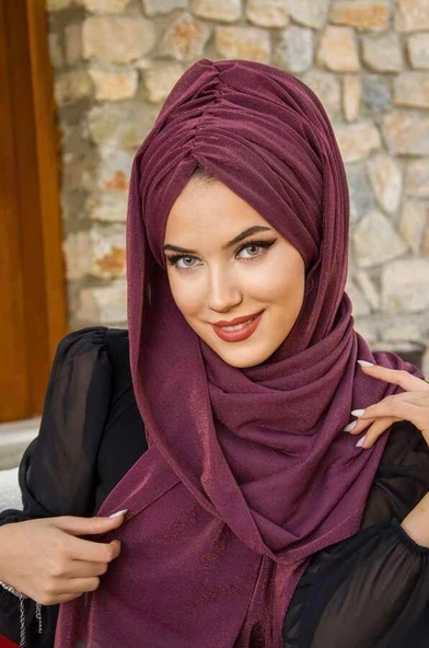 Aişe Tesettür Mürdüm Işıltılı Büzgülü Hazır Şal ürün görseli 1