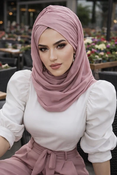 Aişe Tesettür Pudra Ponpon Çapraz Bantlı Hazır Şal ürün görseli 1