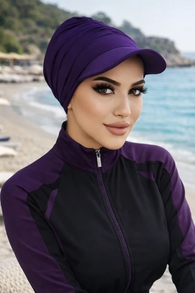 Aişe Tesettür Mürdüm Havuz - Deniz Şapkası / Mayo Üstüne Kullanılabilir ürün görseli 1