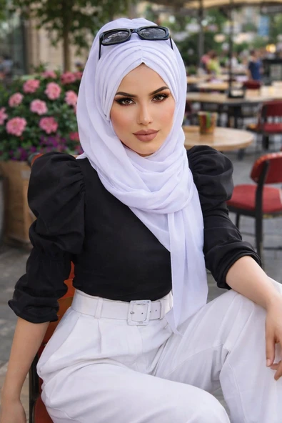 Aişe Tesettür Beyaz Büzgülü Hazır Şal ürün görseli 1