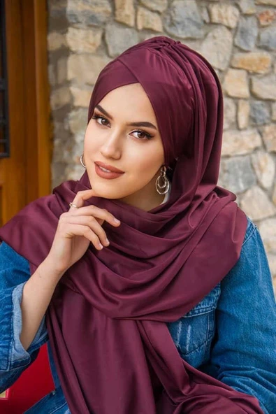 Aişe Tesettür Vişne Çapraz Bantlı Hazır Şal ürün görseli 1