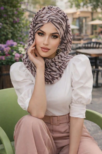 Aişe Tesettür Kahve Zebra Desen Hazır Şal ürün görseli 1