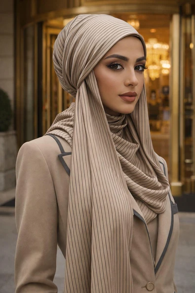 Aişe Tesettür Vizon Çizgili Bandana Bone Şal ürün görseli 1