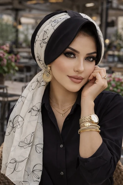 Aişe Tesettür Siyah Ekru Desen Fularlı Şapka Bone ürün görseli 1