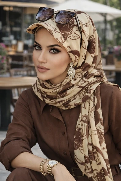 Aişe Tesettür Uçuk Sarı kahve Desen Kepli Bandana Şapka Şal ürün görseli 1