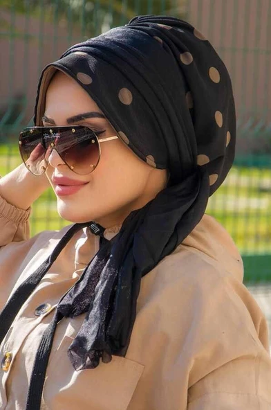 Aişe Tesettür Siyah Puan Desenli Şapkalı Bone ürün görseli 1