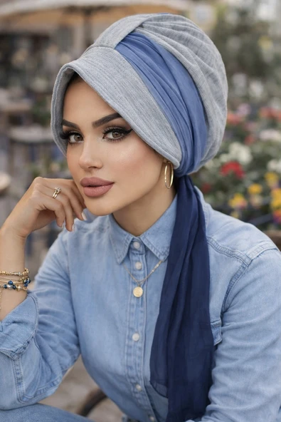 Aişe Tesettür Gri Lacivert Batik Desen Batik Şapkalı Bone ürün görseli 1