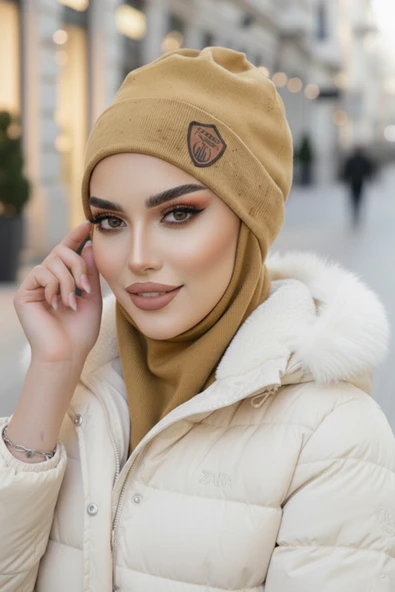 Aişe Tesettür Hardal Karyağdı Armalı Maskeli Bere ürün görseli 1