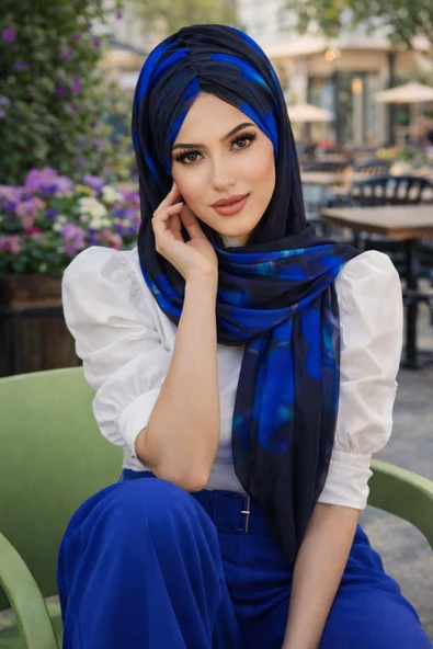 Aişe Tesettür Siyah Saks Mavi Batik Desen Hazır Şal ürün görseli 1