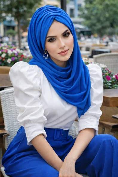 Aişe Tesettür Saks Mavi Büzgülü Hazır Şal ürün görseli 1