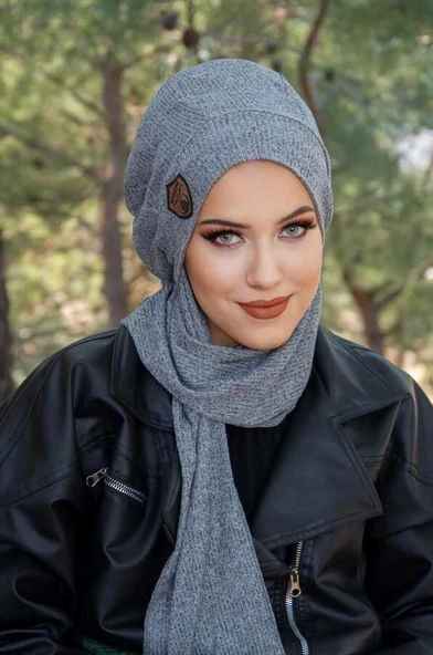 Aişe Tesettür Gri Melanj İnce Örme Armalı Tesettür Bere ürün görseli 1