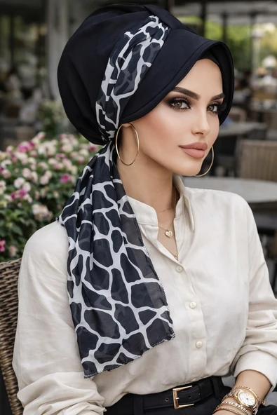 Aişe Tesettür Siyah Mermer Desen Fularlı Şapka Bone ürün görseli 1