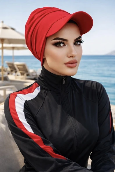 Aişe Tesettür Kırmızı Havuz - Deniz Şapkası / Mayo Üstüne Kullanılabilir ürün görseli 1