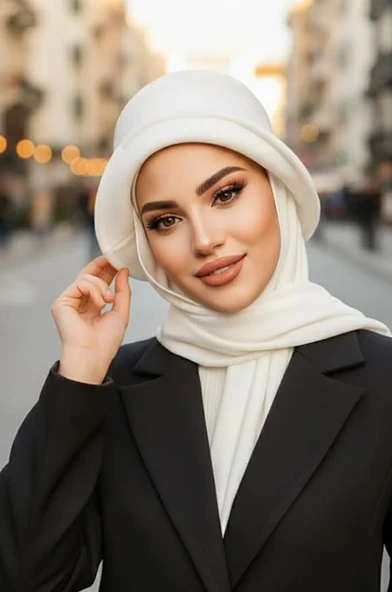 Aişe Tesettür Beyaz Atkılı Vintage Şapka ürün görseli 1