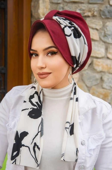 Aişe Tesettür Bordo Siyah Çiçek Desenli Şapka Bone ürün görseli 1