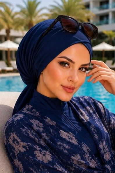 Aişe Tesettür Lacivert Çapraz Deniz - Havuz Bonesi ürün görseli 1