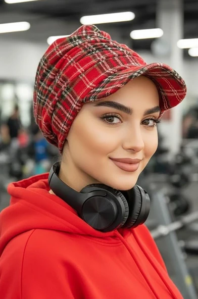 Aişe Tesettür Kırmızı Ekose Desen Tesettür Şapka ürün görseli 1