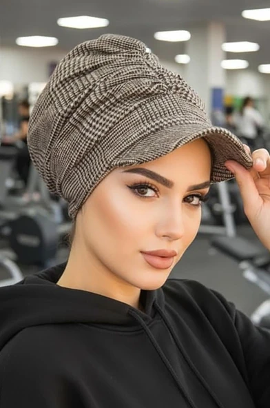 Aişe Tesettür Bej Siyah Ekose Tesettür Şapka ürün görseli 1