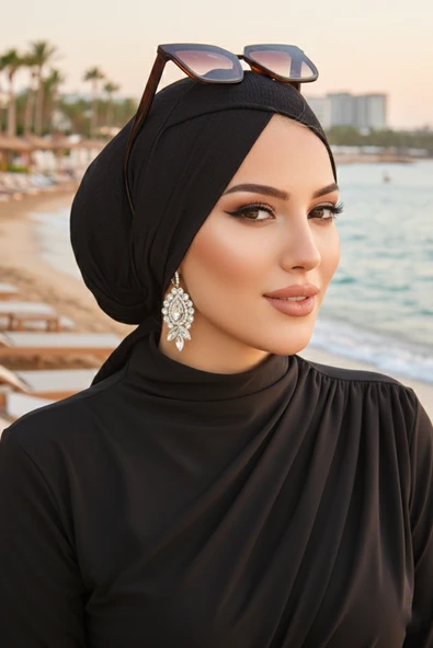 Aişe Tesettür Siyah Çapraz Deniz - Havuz Bonesi ürün görseli 1