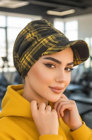 Aişe Tesettür Siyah Hardal Ekose Desen Tesettür Şapka ürün görseli 1