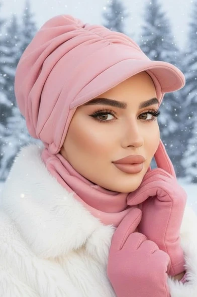Aişe Tesettür Pudra Kışlık Büzgülü Tesettür Şapka Ve Etol Takım ürün görseli 1