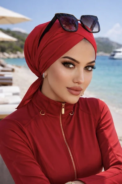 Aişe Tesettür Kırmızı Çapraz Deniz - Havuz Bonesi ürün görseli 1