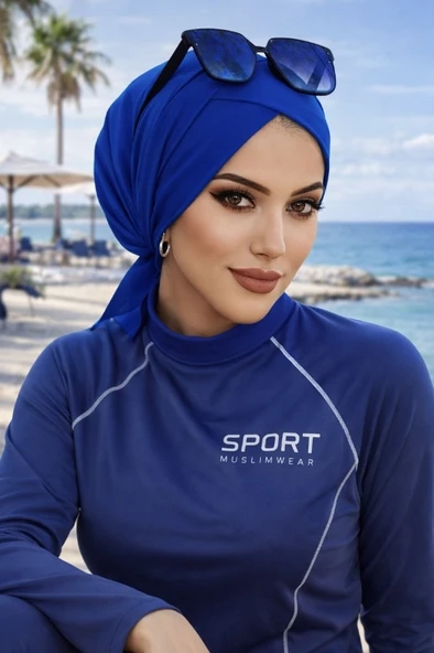 Aişe Tesettür Saks Mavi Çapraz Bantlı Deniz - Havuz Bonesi ürün görseli 1