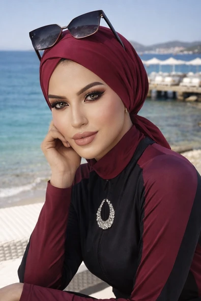 Aişe Tesettür Bordo Çapraz Deniz - Havuz Deniz Bonesi ürün görseli 1
