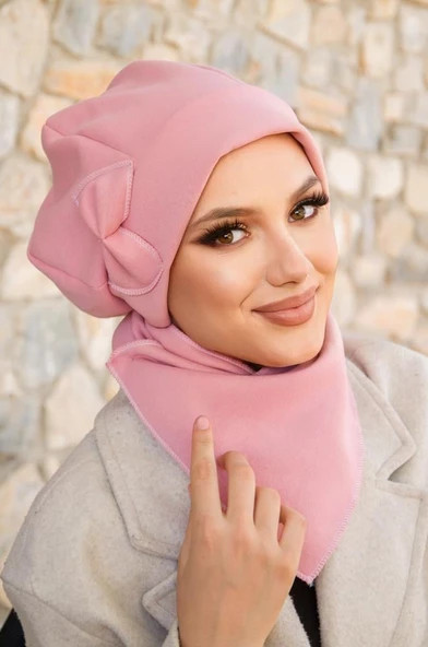 Aişe Tesettür Pudra Fiyonklu Tesettür Bere Ve Etol Takım ürün görseli 1