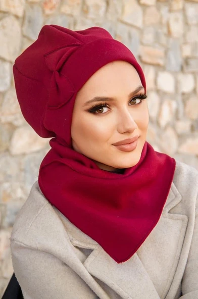 Aişe Tesettür Bordo Fiyonklu Tesettür Bere Ve Etol Takım ürün görseli 1