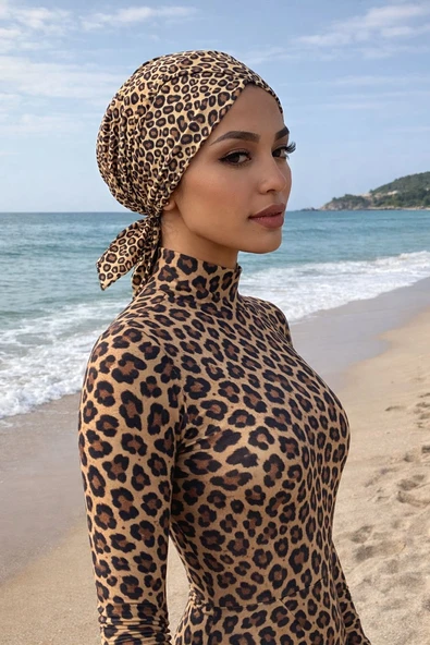 Aişe Tesettür Leopar Desen Çapraz Deniz - Havuz Bonesi ürün görseli 1
