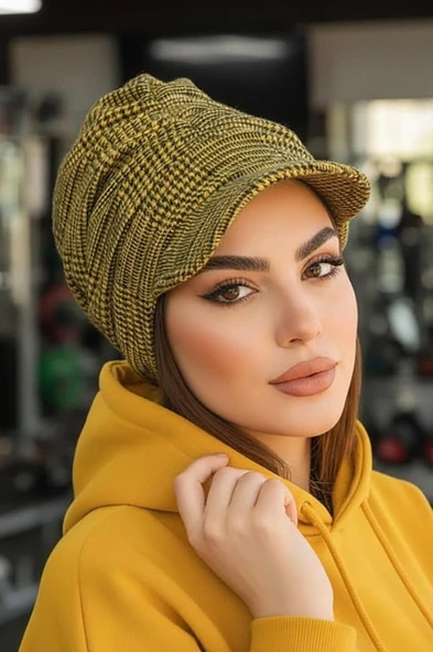 Aişe Tesettür Hardal Siyah Ekose Desen Tesettür Şapka ürün görseli 1
