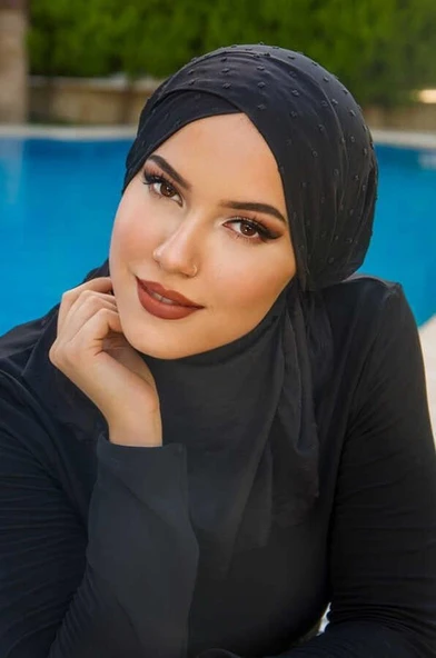 Aişe Tesettür Siyah Hijab Çapraz Bantlı Havuz ve Deniz Bonesi ürün görseli 1
