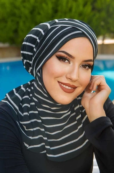 Aişe Tesettür Siyah Çizgili Çapraz Bantlı Havuz ve Deniz Bonesi ürün görseli 1