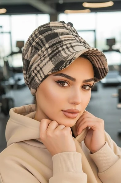 Aişe Tesettür Vizon Siyah Ekose Desen Tesettür Şapka ürün görseli 1