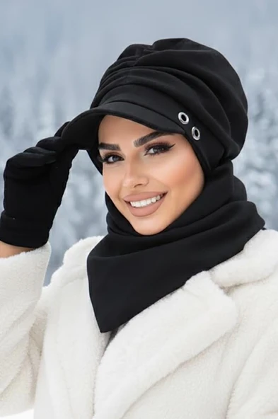 Aişe Tesettür Siyah Büzgülü Tesettür Şapka Ve Etol Takım ürün görseli 1