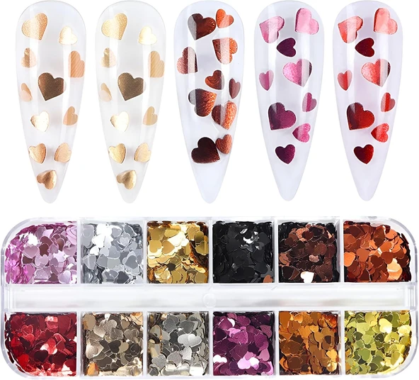 Metalik Renkli Kalpler Tırnak Süsleme Folyo Pulları Mix Nail Art ürün görseli 1