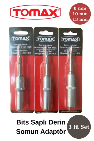 Tomax 3'lü Bits Saplı Derin Lokma Adaptör Seti (8 mm – 10 mm – 13 mm) ürün görseli 1