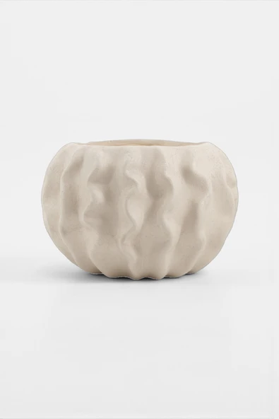 Tactus Oval Dalgalı Bej Seramik Dekoratif Vazo (21x14 cm) ürün görseli 1