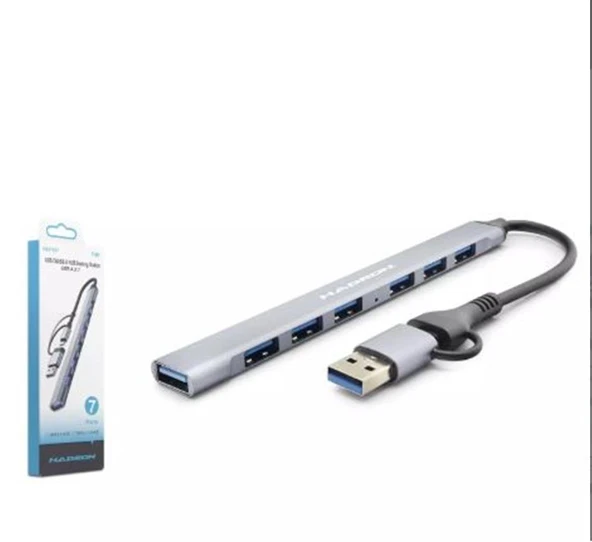 Hadron Hdx7857 Usb + Type-C Hub 7In1 1-Usb3.0 6-Usb2.0 Gri ürün görseli 1