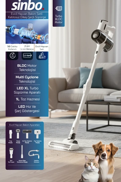 Sinbo SVC-8634 Kablosuz Dikey Süpürge – Evcil Hayvan Tüyleri İçin Güçlü Multi Cyclone ürün görseli 1