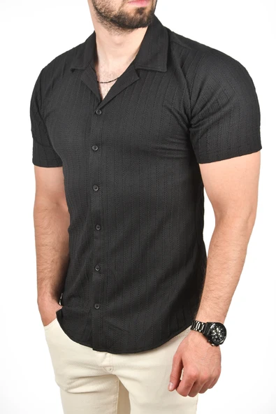 DeepSEA Slim Fit Pamuklu Apaş Yaka Kısa Kol Penye  Gömlek Dokulu Jakar Kumaş Dar Kesim Spor Gömlek 2501216 ürün görseli 1